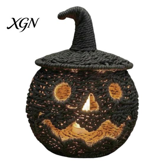 Handmade Fall Decor Handwoven Halloween Pumpkin Basket, Spooky Candy Storage Basket with Lid, Vintage Wicker LED Lantern for Light Up Candle