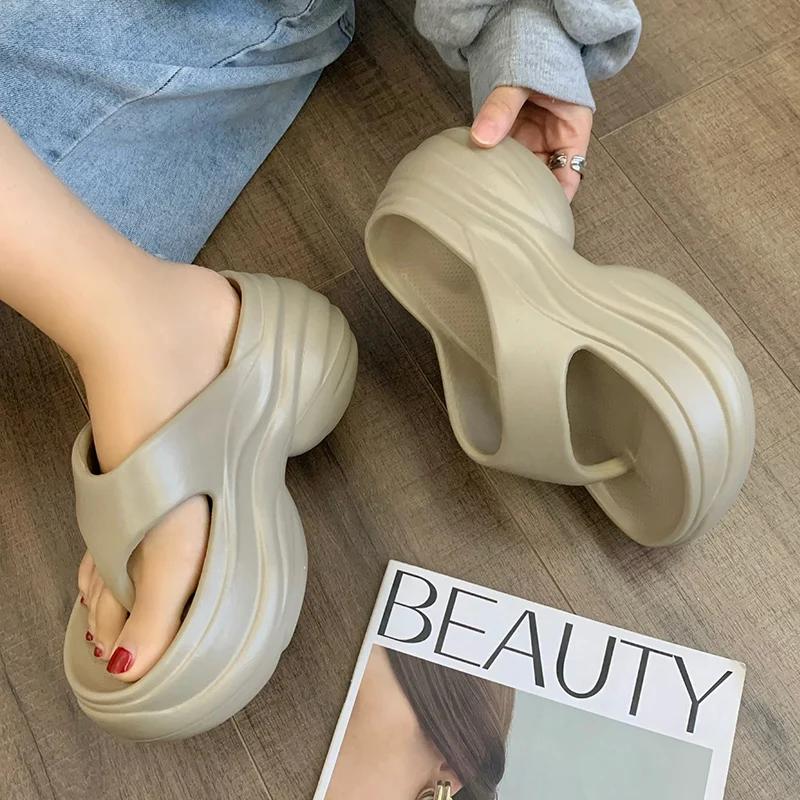 Fashion Chunky Heel Clip Toe Flip Flops 2025 New Thick Platform Women Eva Slippers Summer Outdoor Wear Beach Nonj-Slip Sandals