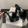 Fashion Sexy Slippers Women Rhinestone Fluffy Feather Sandals Platform Chunky High Heels Party Nightclub Ladies Mules Shoes