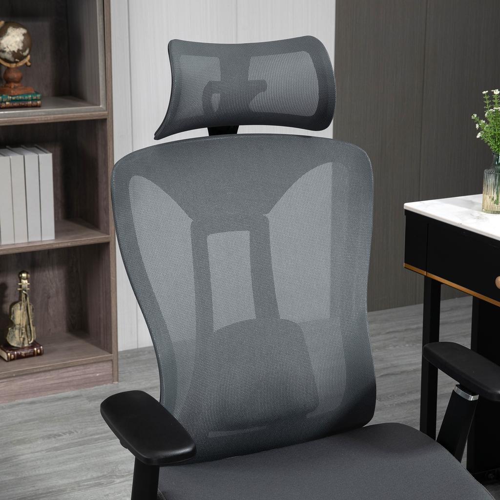 Office Chair In Mesh With Adjustable Headrest Lumbar Support And 3D Armrests 70x66x128 Cm Gray