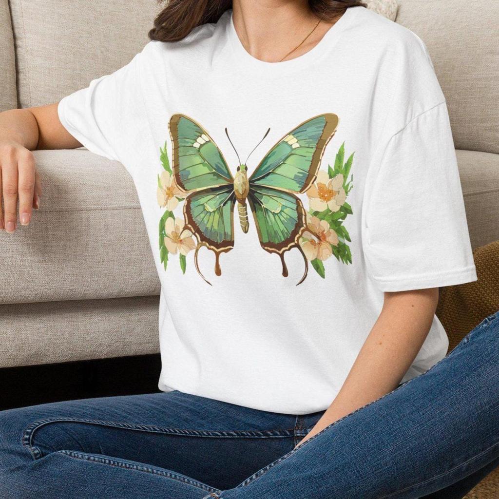 Green Butterfly Floral T-Shirt | Botanical Floral Butterfly Tee Gift for her Mom Grandma Family Friend Sister Crew Team Party Aunt