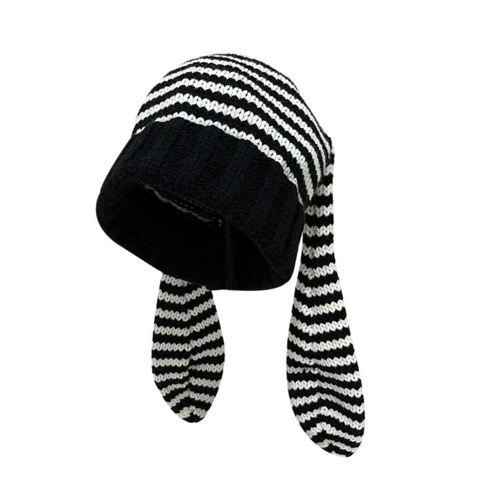Harajuku Women Beanie Hat Y2K Stripe Skull Cap Casual Rabbit Ears Hat Outdoor