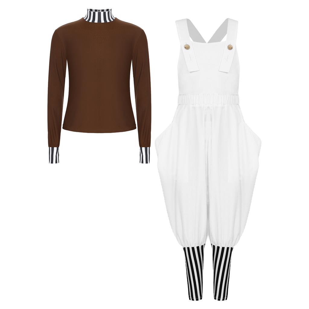 Complete Kids Boys Factory Worker Costume 2Pcs: Mock Neck Top with Back Zipper & Adjustable Cross Back Strap Striped Overalls