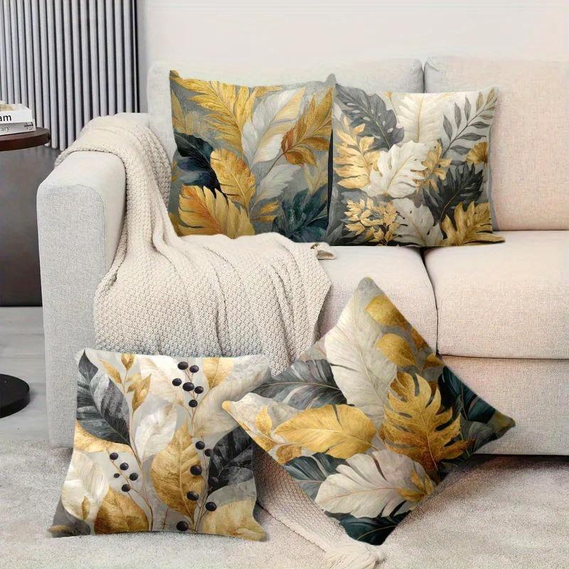 4Pcs Natural Plant Leaves Digital Printing Pillow Cover Short Plush Suitable Living Rooms Bedrooms Sofas Throw Cushion Cover