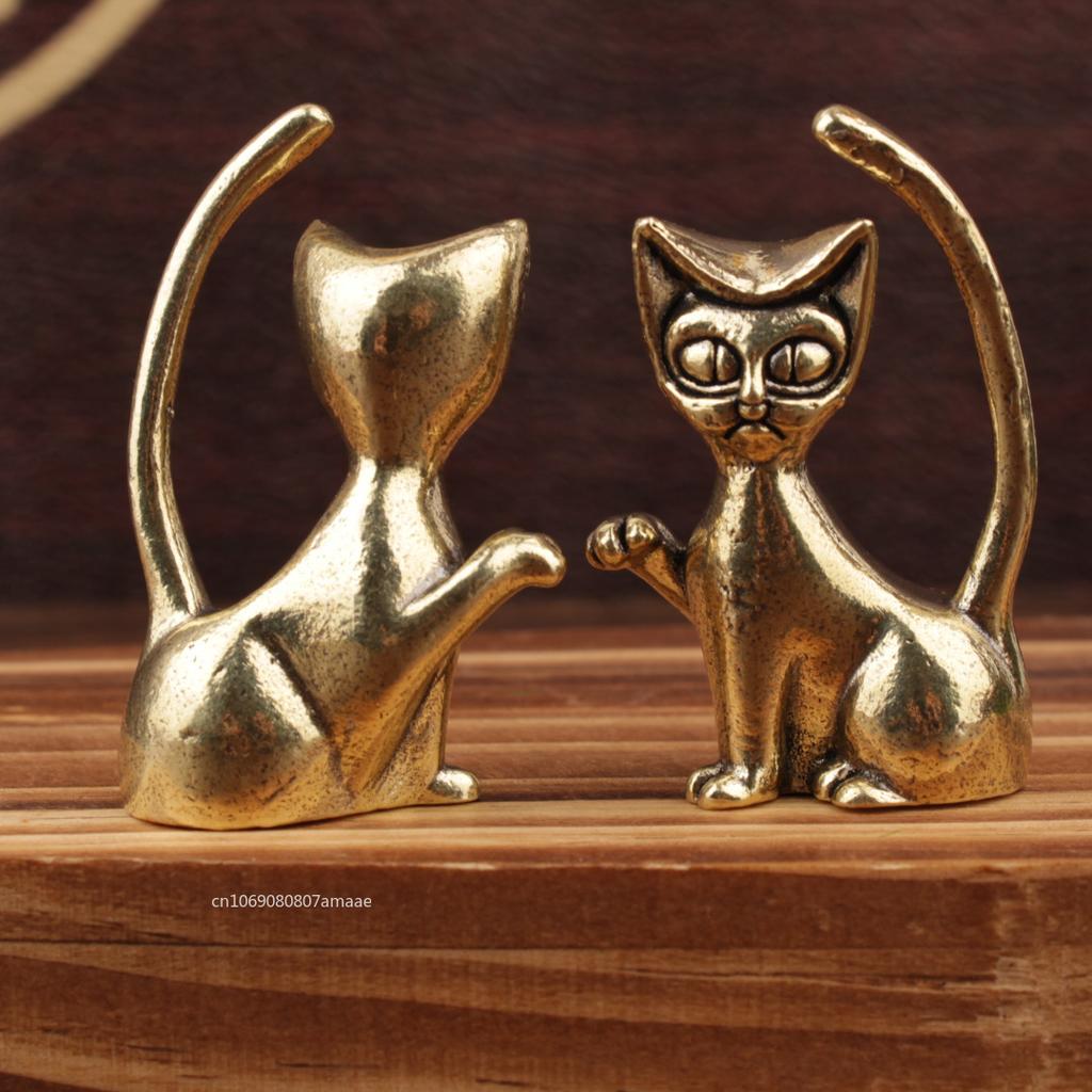 Retro Brass Cat Lovers Statue Ornament Copper Animal Sculpture Incense Burner Tea Pet Home Desktop Decorative Accessories