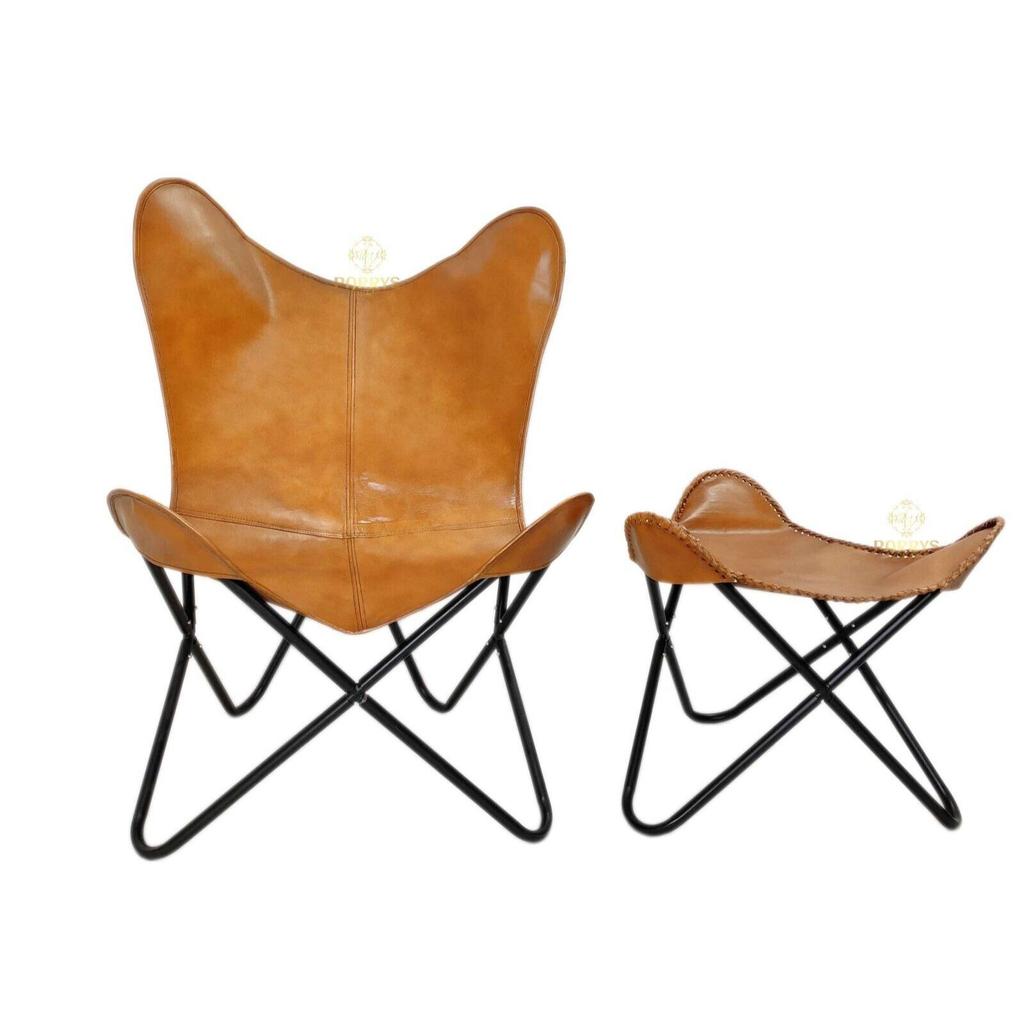 Коричневый кожаный стул ручной работы и табурет для ног с железной подставкой