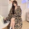Winter Long-sleeved Hooded Thickened Warm Flannel Kimono Robe Women's Sexy Leopard Print Bathrobe Pajamas Nightgown Nightgown