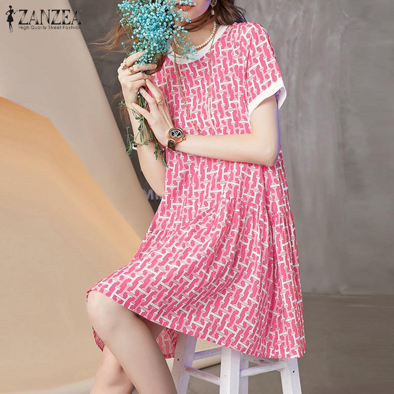ZANZEA Женское повседневное платье с коротким рукавом и круглым вырезом с принтом