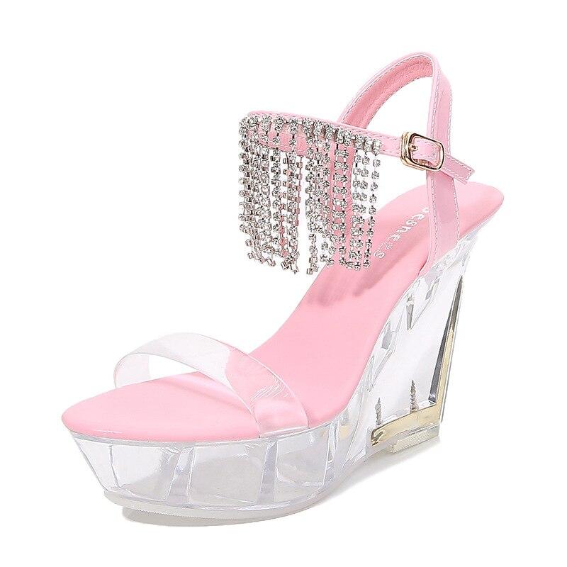 Женская обувь, прозрачные туфли для ночного клуба, высокие каблуки, подиум, стразы, кисточка, кристаллическая танкетка, серия 1101, каблук 10 см, платформа 4 см, LFD