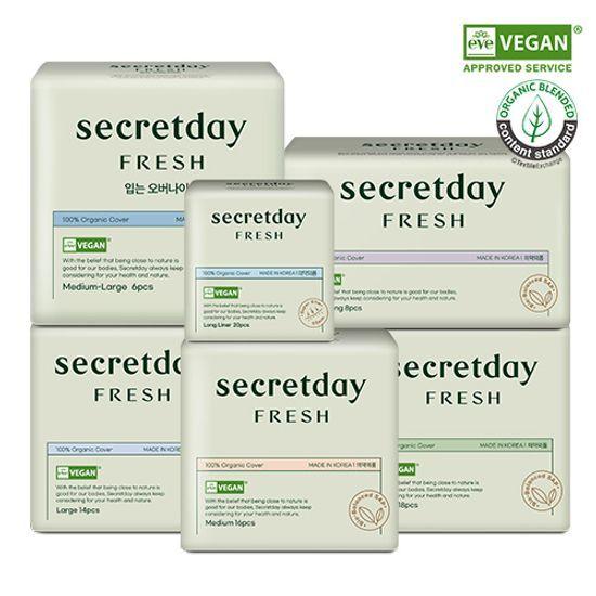 Органические веганские гигиенические салфетки Secretday Fresh 6 видов, выберите 1 (длинные ежедневные прокладки/маленькие/средние/большие/супердлинные ночные/пригодные для ношения ночью)
