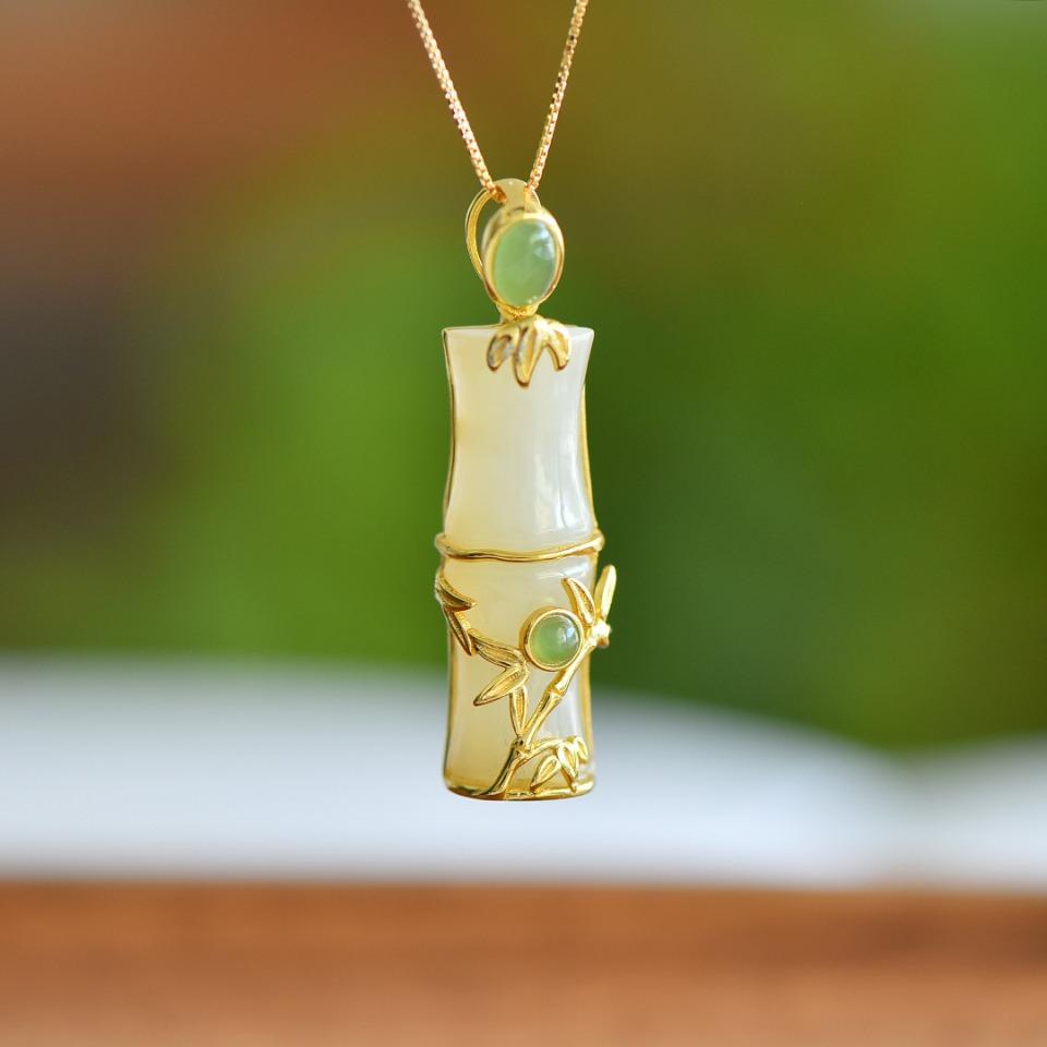 Xinjiang Hotan Jade S925 Silver Blue White Jade Bamboo Pendant Necklace
