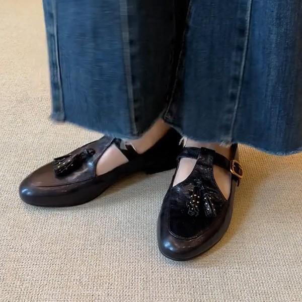 Leather literary and artistic flat bottom fringed round head rivets shallow mouth single shoes women's versatile commuter flat bottom Mary Jane