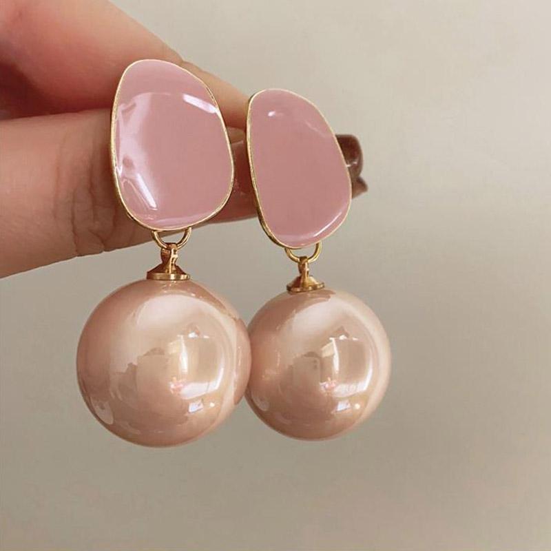 Розовые круглые большие серьги-капли с искусственным жемчугом для женщин, элегантные темпераментные женские французские серьги, висячие серьги-русалочки в стиле принцессы, украшения для ушей