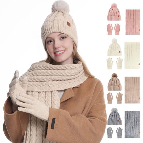 Зимний набор шапка, шарф, перчатки для женщин, флисовая подкладка, шапка-бини с помпоном, длинный шарф и перчатки, теплый вязаный набор из 3 предметов для холодной погоды