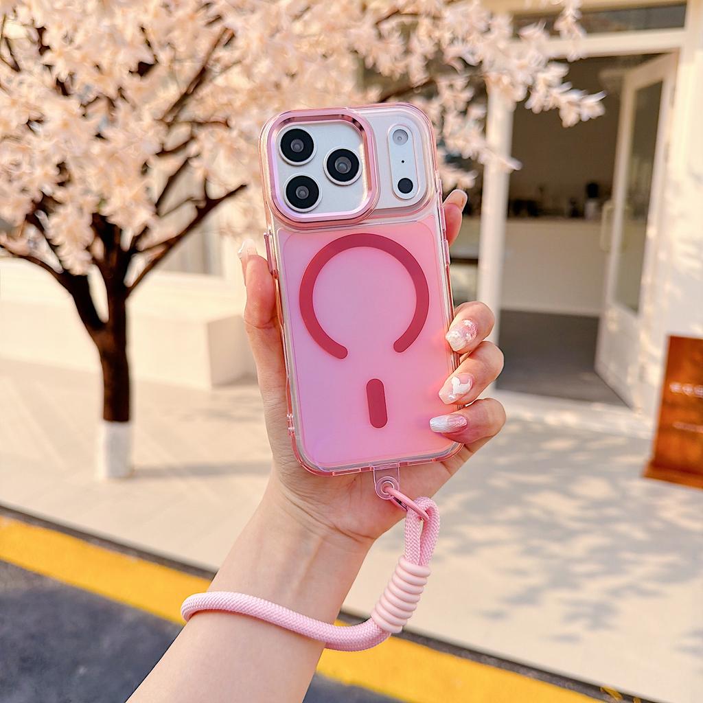 High-Quality Gradient Color Translucent Case with Wireless Charging and Magnetic Phone Strap for iPhone 14, 15, 16, 17 Pro Max E