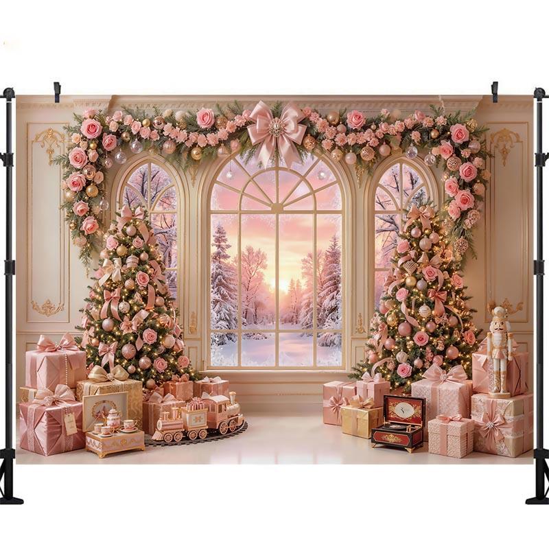 LS Christmas Window Trees Backdrops Kids Baby Photography Props Child Photocall Decors Fireplace Snowy Scene Backgrounds