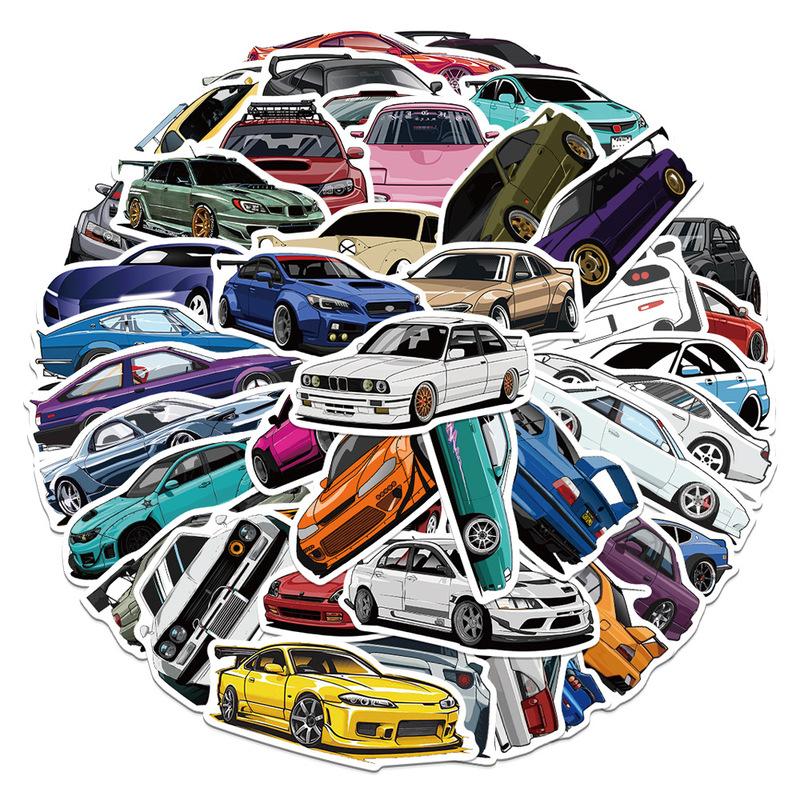 In Stock 50pcs Jdm Retrofit Racing Car Graffiti Stickers Laptop Guitar Luggage Bike Skateboard Waterproof Sticker Decal Kid Toy