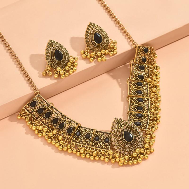 Pendant Tassel Stone Beads Women Decoration Necklace Earrings Vintage Jewelry Set