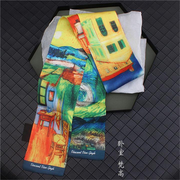 Van Gogh Oil Painting Twill Silk Scarf Women Neckerchief Skinny Scarf Bag Ribbons Female Neck Tie Head Scarves Wraps For Ladies