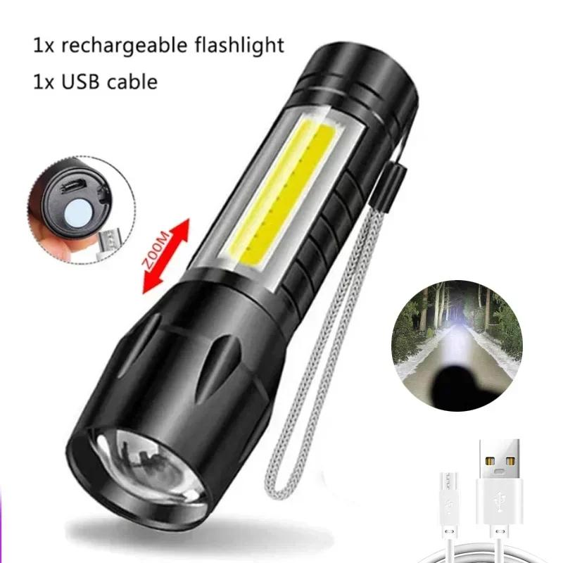 Mini LED Flashlight COB+XPE Portable Torch USB Charging Camping Lantern Zoomable Focus Light Tactical Flashlight with Pen Clip