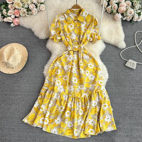 Vintage Robes Puff Short Sleeve Lapel Neck Vestido Wrapped Waist Slim Medium Length A-Line Print Dress