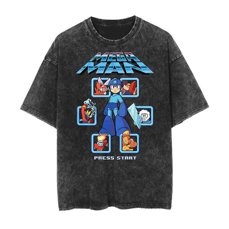 New 1987 Rockman Classic Cartoon Animation Game Distressed Washed American Retro Batik Short-sleeved T-shirt