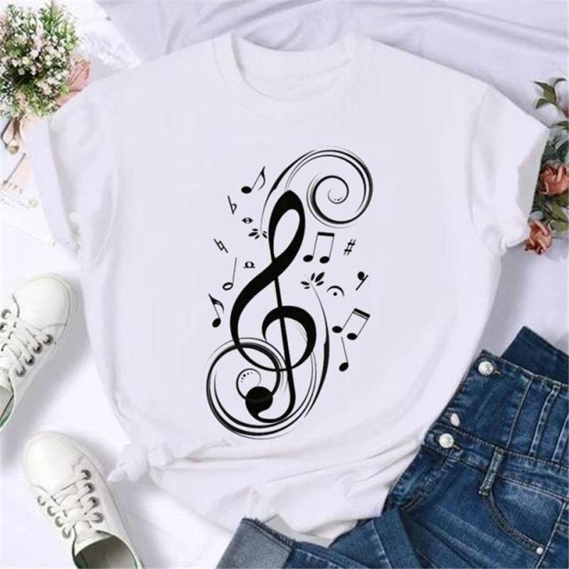 Fashion Musical Note Printed WoUnisex T Shirt Harajuku Short Sleeve Funny TShirt Cute Cartoon Top Tees Female Clothes