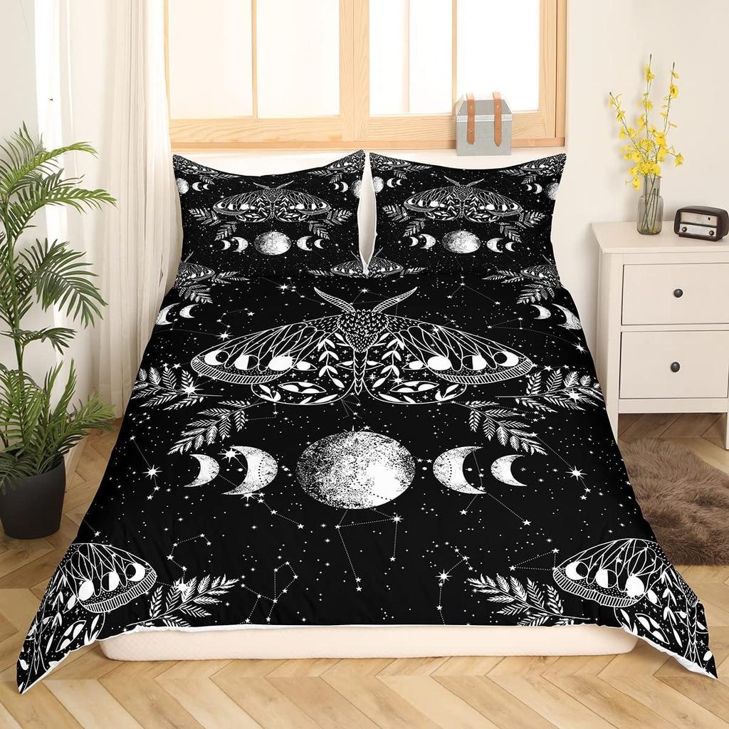 Death Moth Duvet Cover Set King Queen Full Twin Size Galaxy Sun and Moon Polyester Comforter Cover Boho Gothic Skull Bedding Set