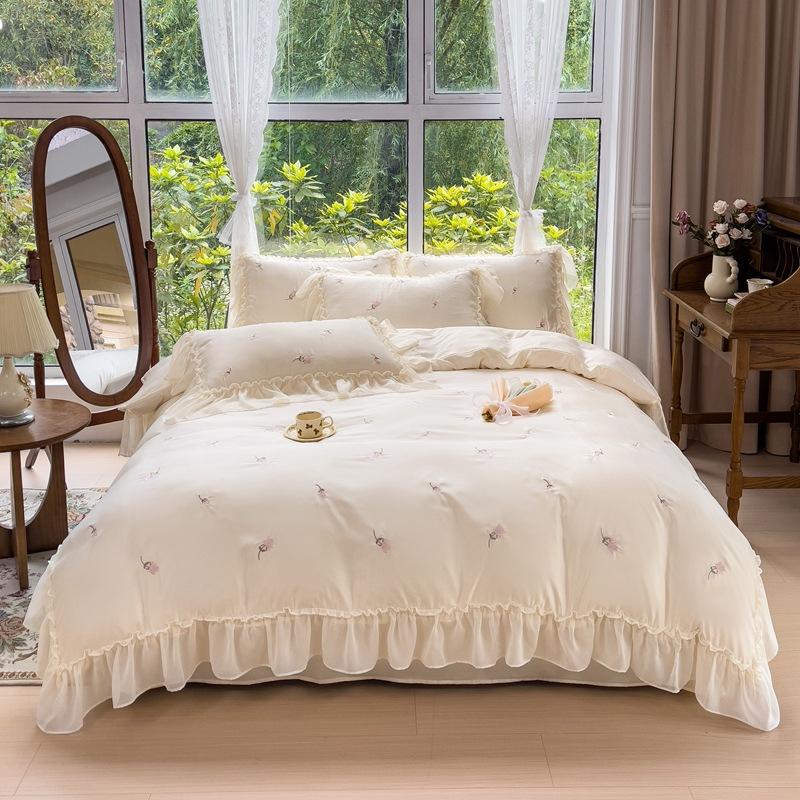 Постельное белье из тенселя Четыре предмета Легкая роскошь Французский принцессный стиль Ледяной шелк Комфортный Шелковистый Простыня Пододеяльник Наволочка