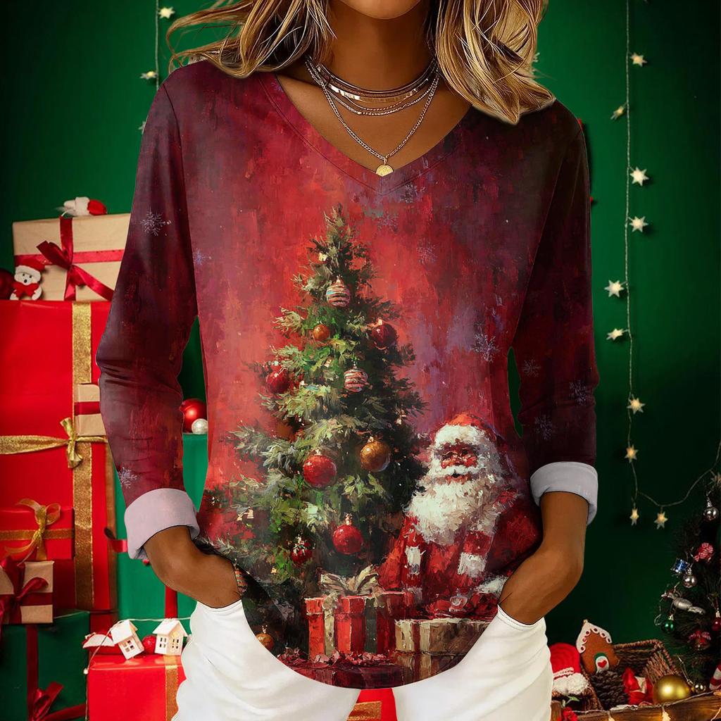 Women's Christmas Print Casual V-Neck Long Sleeve Top