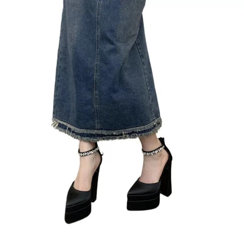 Летние новые черные босоножки на высоком каблуке для женщин, толстый каблук, острый носок, толстая подошва, женские сандалии