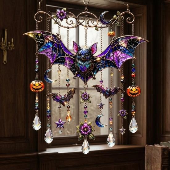 Seasonal Party Hanging Decor Halloween Wind Chime, Colorful Bird Sun Catcher, Cute Garden Ghost Windchime, Decoration for Patio Yard Faux Crystal