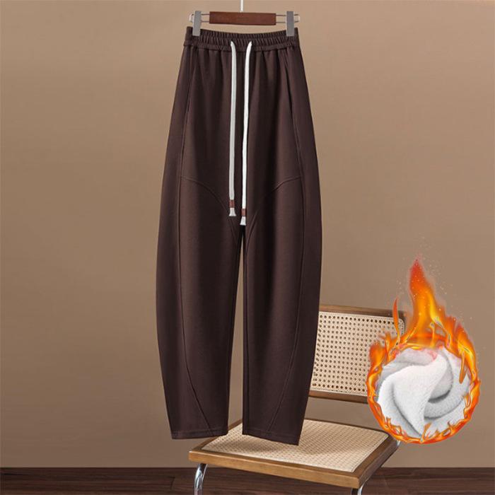 Женские широкие брюки из бархата с высокой талией в корейском стиле 2024 года — коллекция осень/зима с завязками на шнурке и свободным кроем.