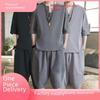 Men's Chinese-Style Linen Short-Sleeve Tang Suit - Summer Zen Zhongshan Hanfu Two-Piece