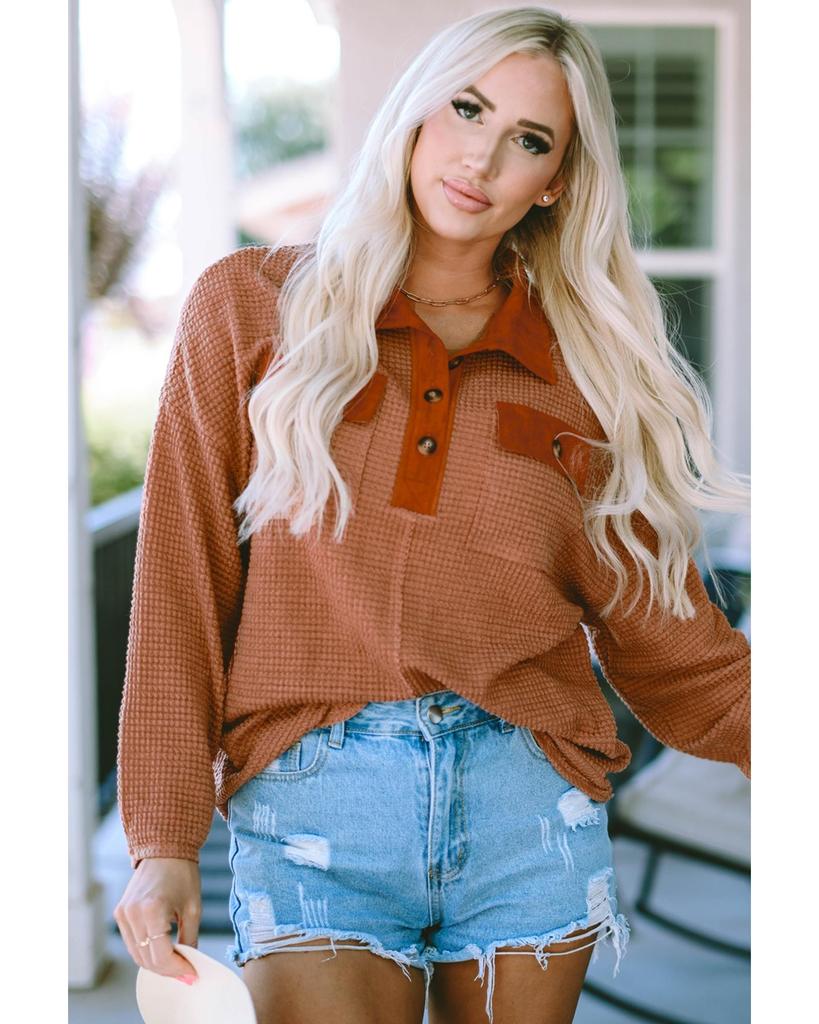 Azura Exchange Button Contrast Trim Waffle Knit Top