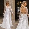 New White Lace V-neck Backless Minimalist Floor Mopping Wedding Dress