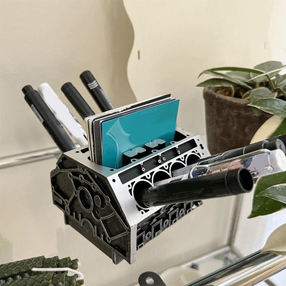 Resin Engine Block Desk Organizer Black Business Card Bracket Pen Holder Office Desk Organizer
