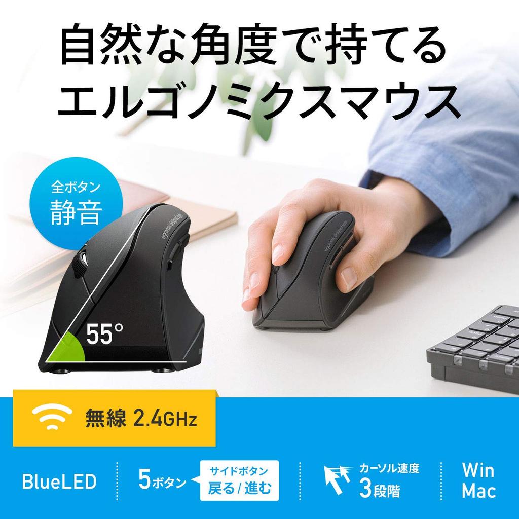 Sanwa Supply Ergonomic Mouse, Quiet, Wireless, 2.4GHz, Tendonitis Prevention, Blue LED, 5 Buttons, Large, MA-ERGW10N