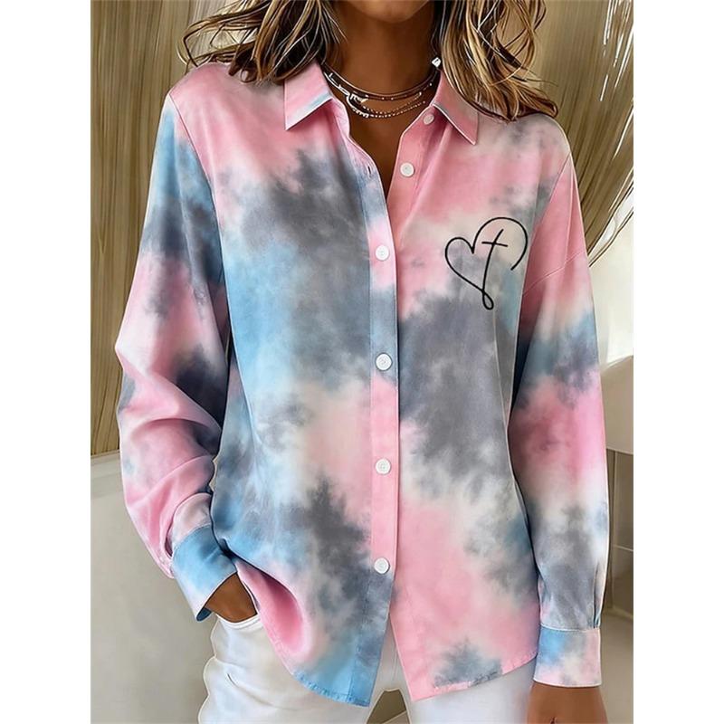 Fashion Gradient Single-Button Women's Shirt Casual Everyday Comfortable Long-Sleeve Collared Shirt Loose-Fit Shirt