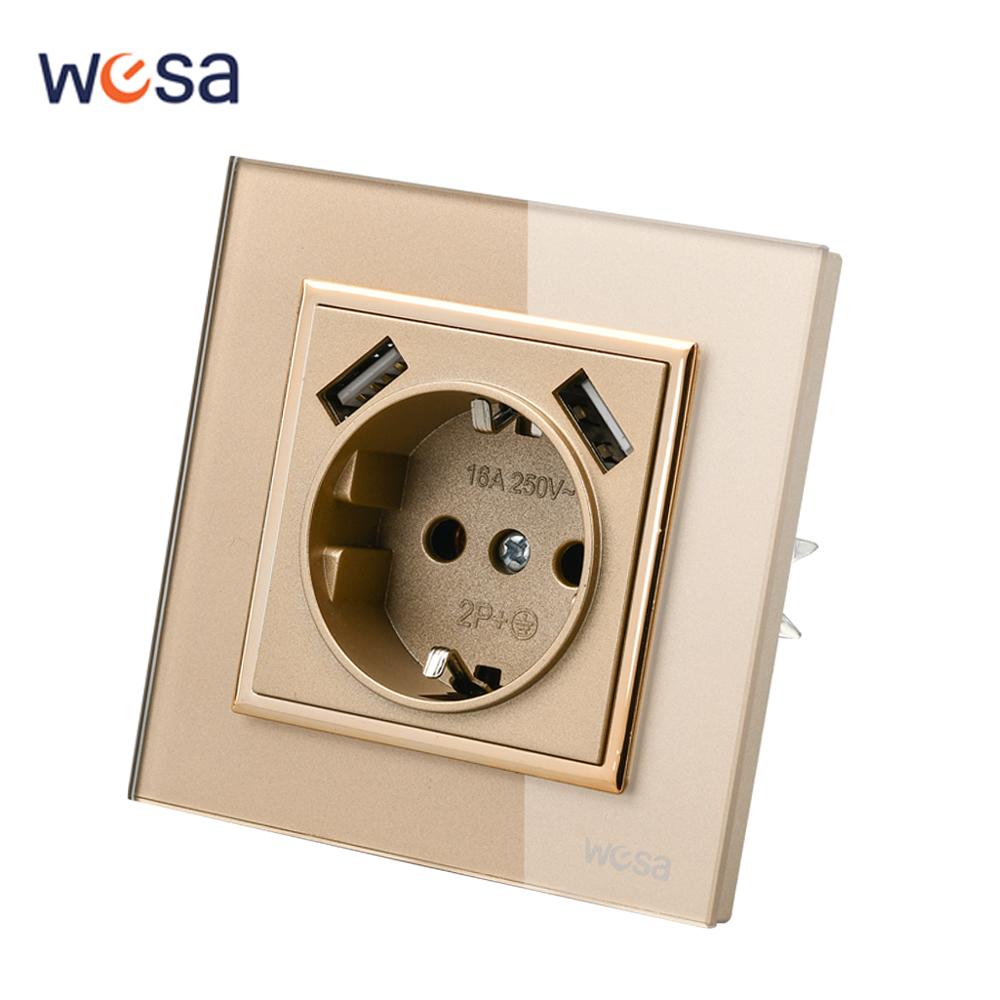 WESA Luxury Crystal Tempered Glass Panel Gold Wall Switch Flame Retardant 2 Gang 1 Way Wall Rocker Switch On / Off 16A AC 250V