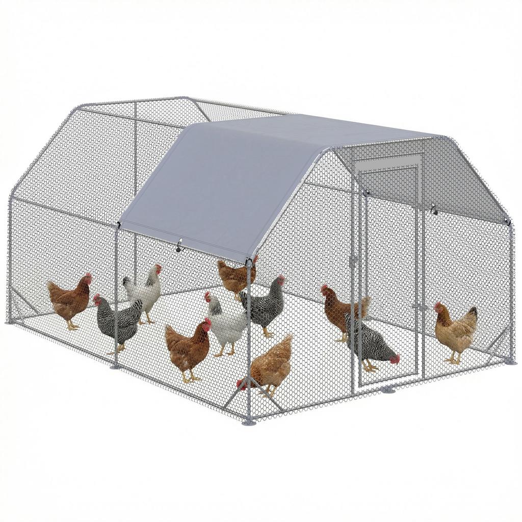Chicken Run Chicken Coop Chicken Enclosure, Walk-In, Lockable Door, for 10-12 Chickens, 280 cm x 380 cm x 195 cm, Grey