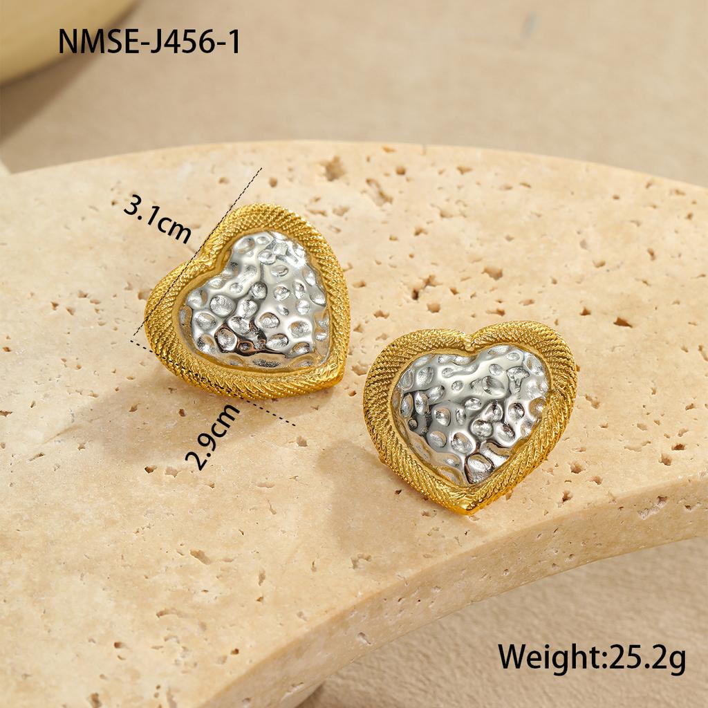 GEMCHIC Women's Hammered Heart Stud Earrings Gold Plated Stainless Steel Two-Tone Fashion Jewelry