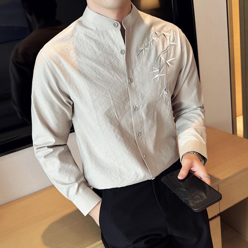 Мужская рубашка в китайском стиле с вышивкой, воротником-стойкой и длинными рукавами