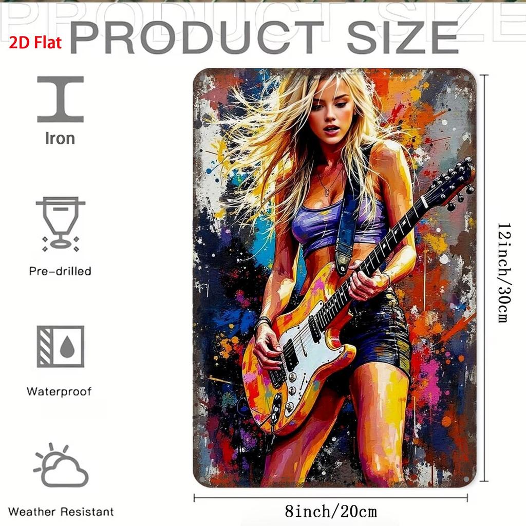 Metal Sign Woman Playing Guitar 8x12 Inch Waterproof Weather Resistant