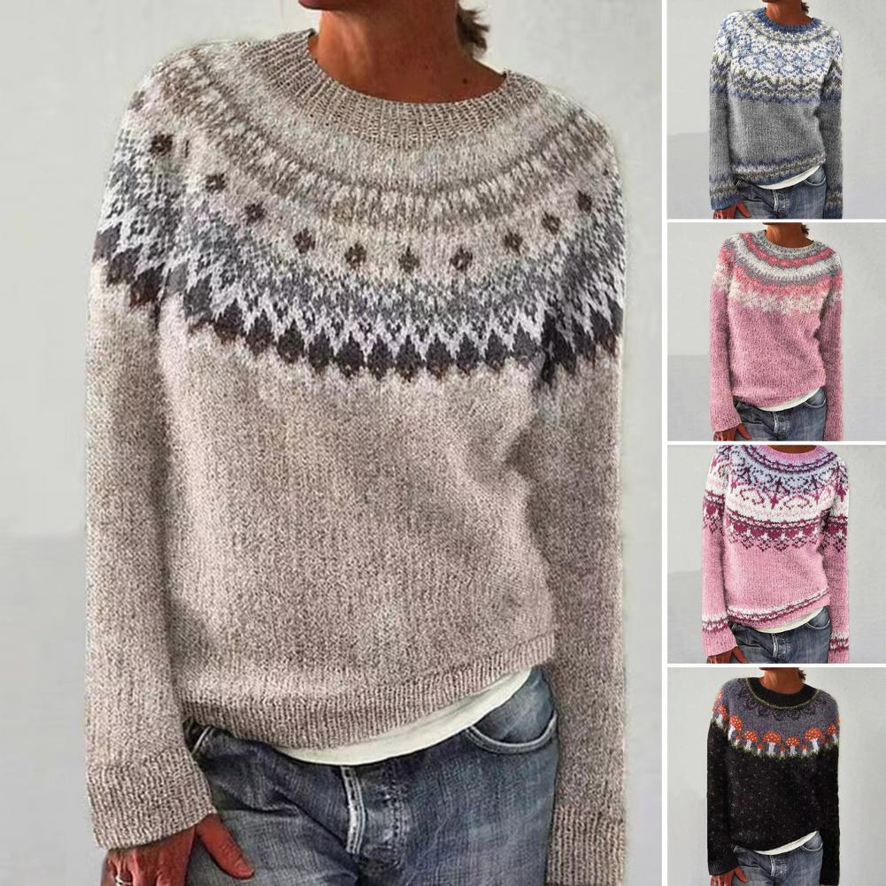 Вязаный свитер с геометрическим узором в стиле пэчворк, женский свитер с круглым вырезом, длинным рукавом, свободный крой, вязаный крючком топ в цветном стиле