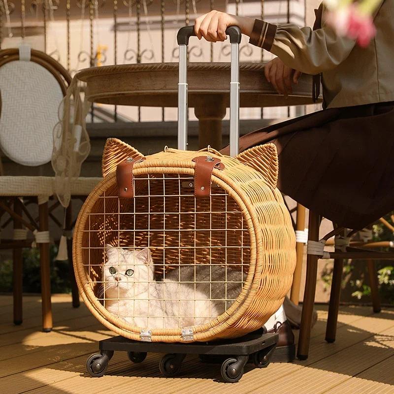 Cat and Dog Portable Outdoor pet Trolley case Bamboo Woven Suitcase,Anti Stress cat Backpack-Cat Head Trolley Box-Rattan Weaving