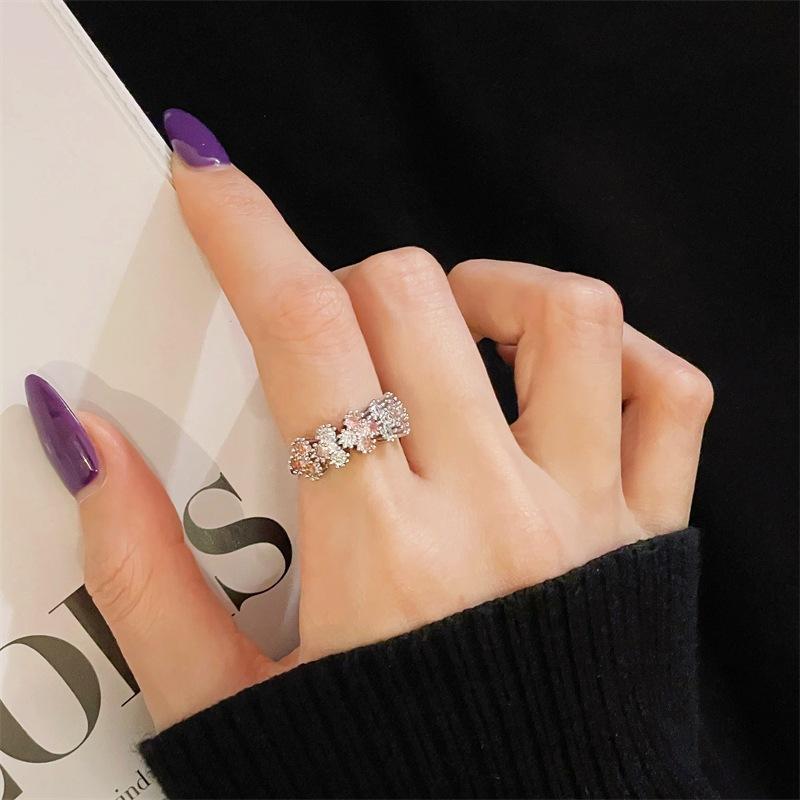 Pink Girl Love Bow Open Ring Niche Light Luxury High Sense Inlaid Zircon Simple Colored Jewelry Women