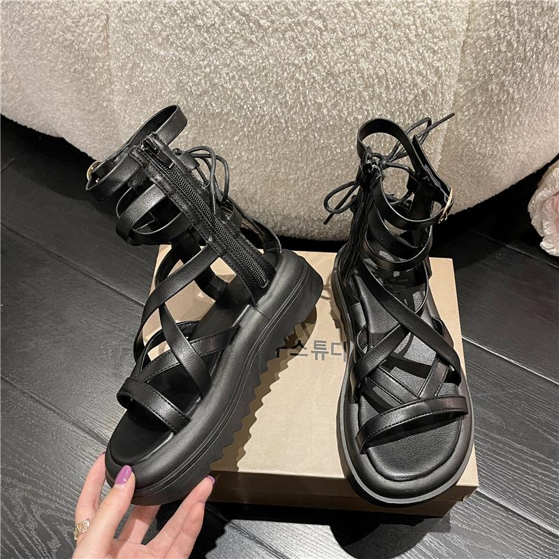 Женские сандалии на платформе, 2024 г., женские римские сандалии, модная повседневная обувь, модные сандалии с боковой молнией, летние высокие сапоги с вырезом