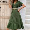 YYFS Женские модные летние весенние однотонные повседневные платья с v-образным вырезом и короткими рукавами и высокой талией