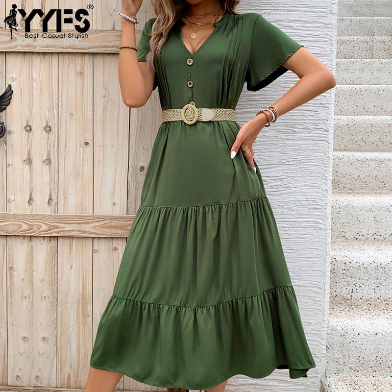 YYFS Женские модные летние весенние однотонные повседневные платья с v-образным вырезом и короткими рукавами и высокой талией